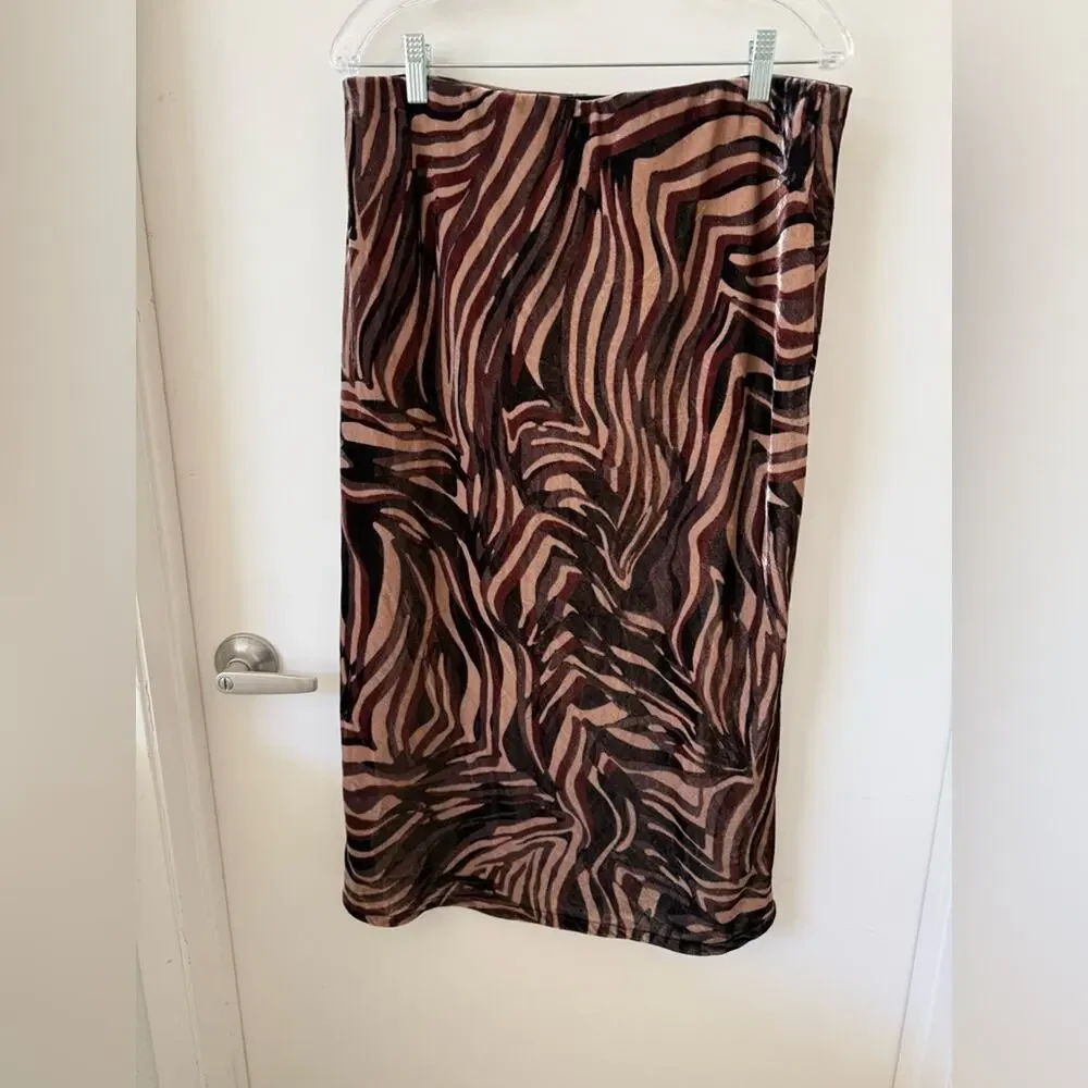 Anthropologie Brown Zebra Print Velvet Burnout Midi Skirt Size Large Y2K Trend